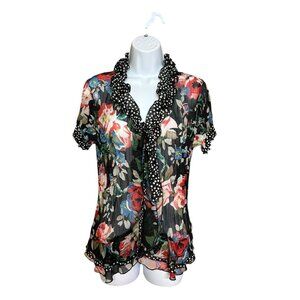 Alison Sheri Floral & Polka Dot Ruffle Blouse Semi Sheer Size M